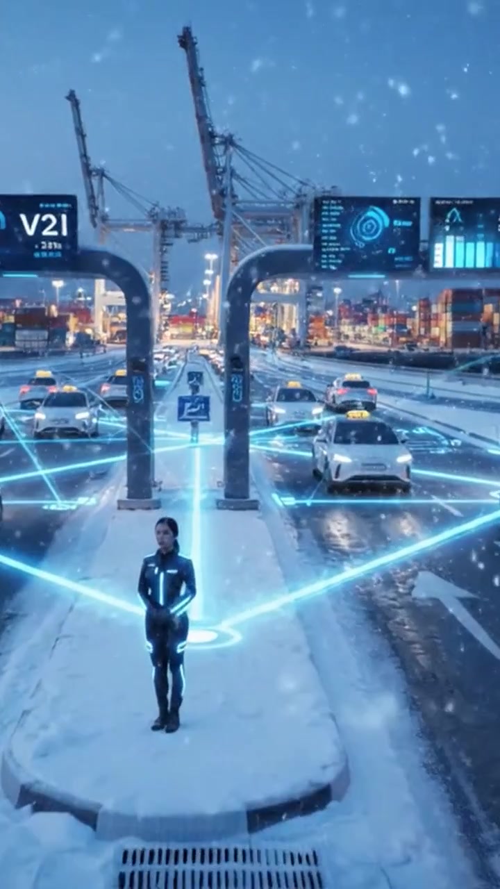 Una scena invernale urbana futuristica con veicoli autonomi che navigano nella neve, mentre un pedone interagisce con sistemi di gestione del traffico ad alta tecnologia.