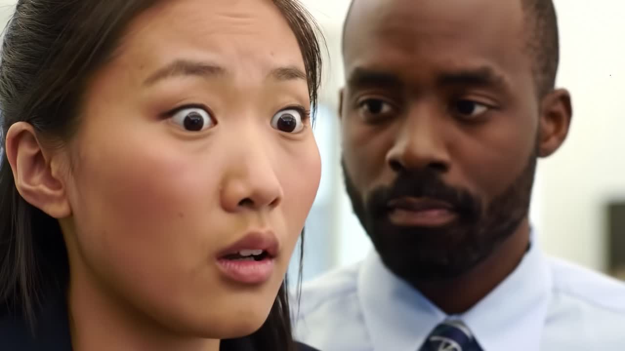 A woman expresses surprise and concern during a significant conversation with a man in an office setting. The interaction is filled with tension and curiosity among coworkers nearby.