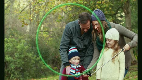 animación del círculo sobre una feliz familia caucásica tomando una selfie