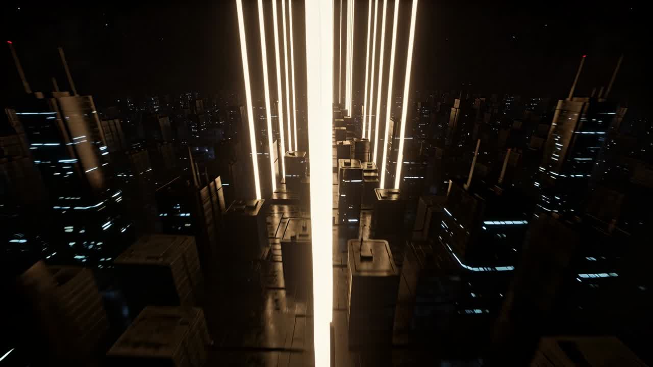 Câmera avançando, revelando pilares de luz verticais entre os topos das torres, guiando o olhar para o horizonte.