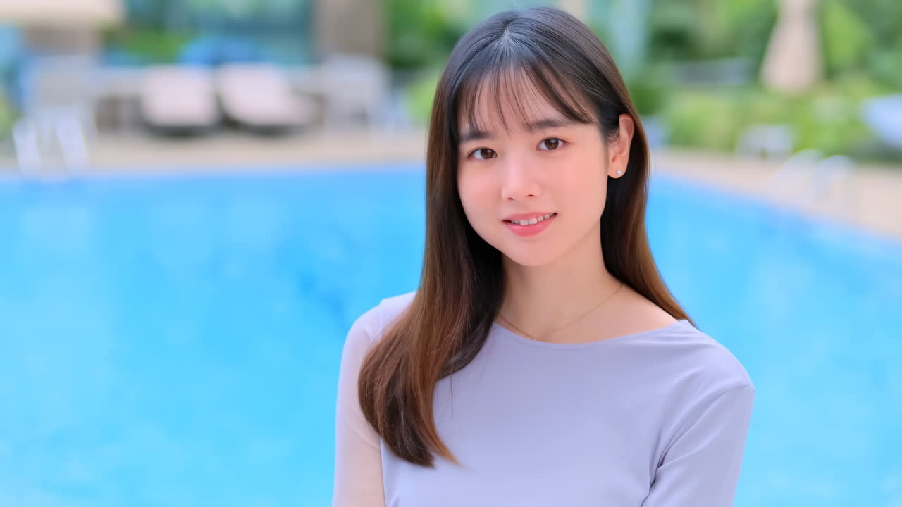 青いプールサイドで微笑む若いアジア人女性
