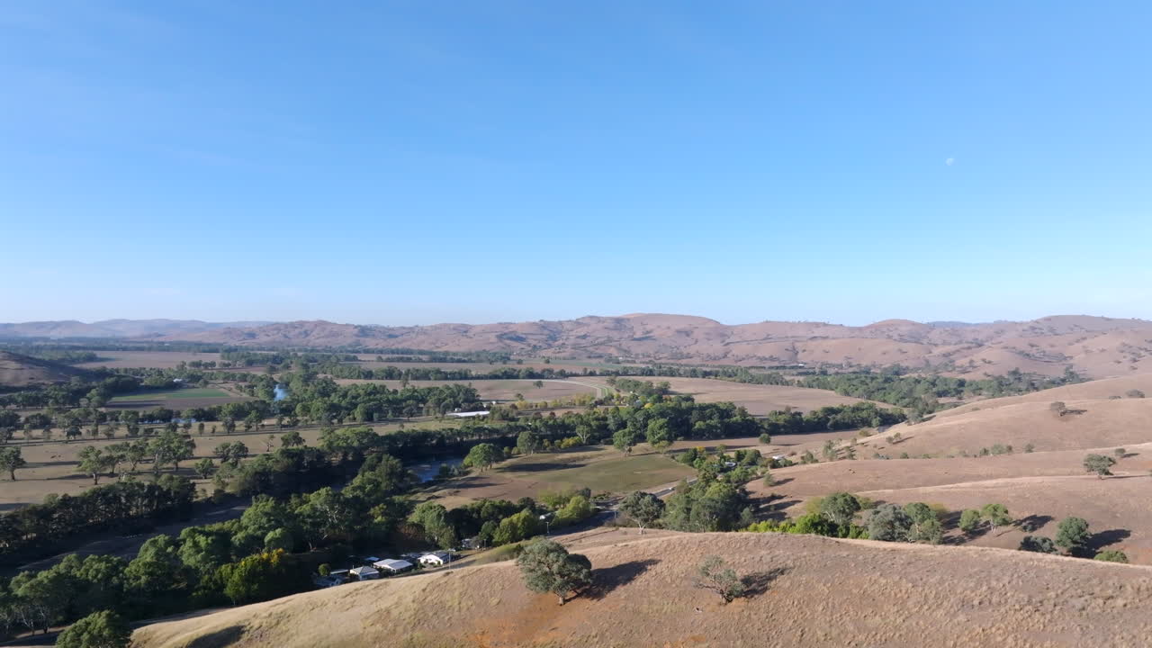 Aerial: drone footage of the countryside landscape surrounding Gundagai, NSW, Australia