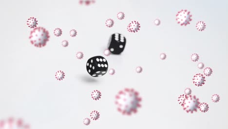 Animation-of-covid-19-cells-floating-over-dice-on-white-background