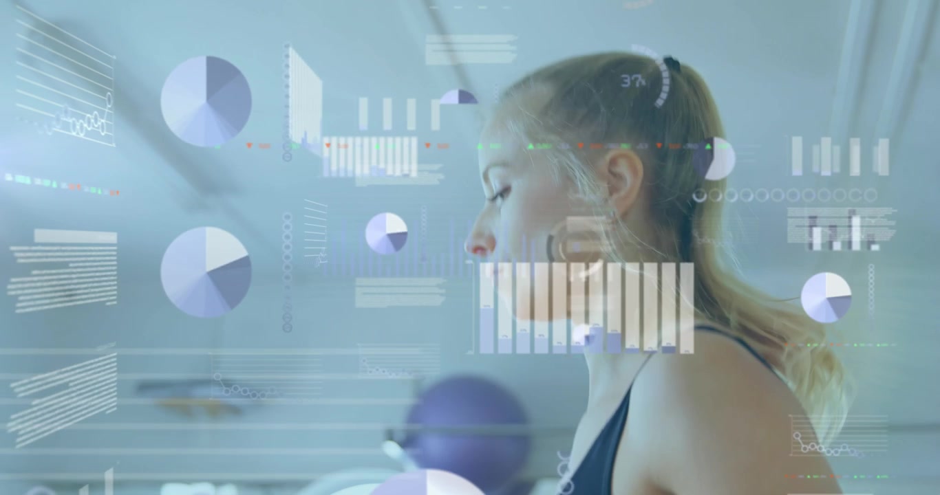 Animation of data processing over caucasian woman skupping rope at gym