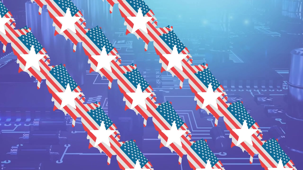 Animation of flags of usa and stars over computer circuit board