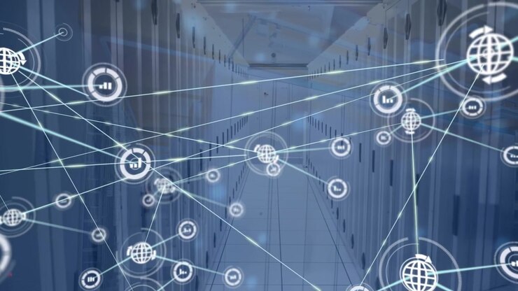 Animation of network of connections with icons over computer servers