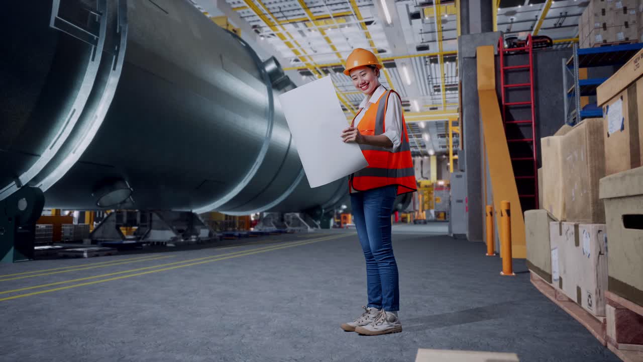 vista lateral completa del cuerpo de una ingeniera asiática con casco de seguridad mirando el plano en sus manos mientras está de pie en una fábrica de fabricación de tubos