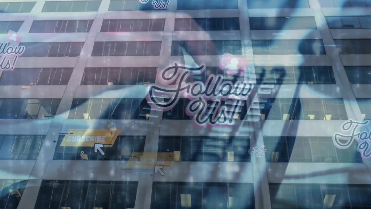 건물 위의 소셜 미디어 텍스트와 컴퓨터 키보드에 타이핑하는 사람의 애니메이션