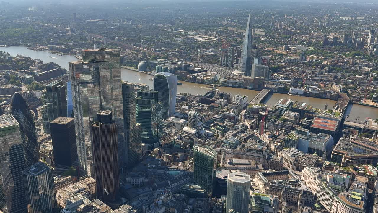 Aerial views across the Bank of England to the City, River Thames and the Shard. London UK.