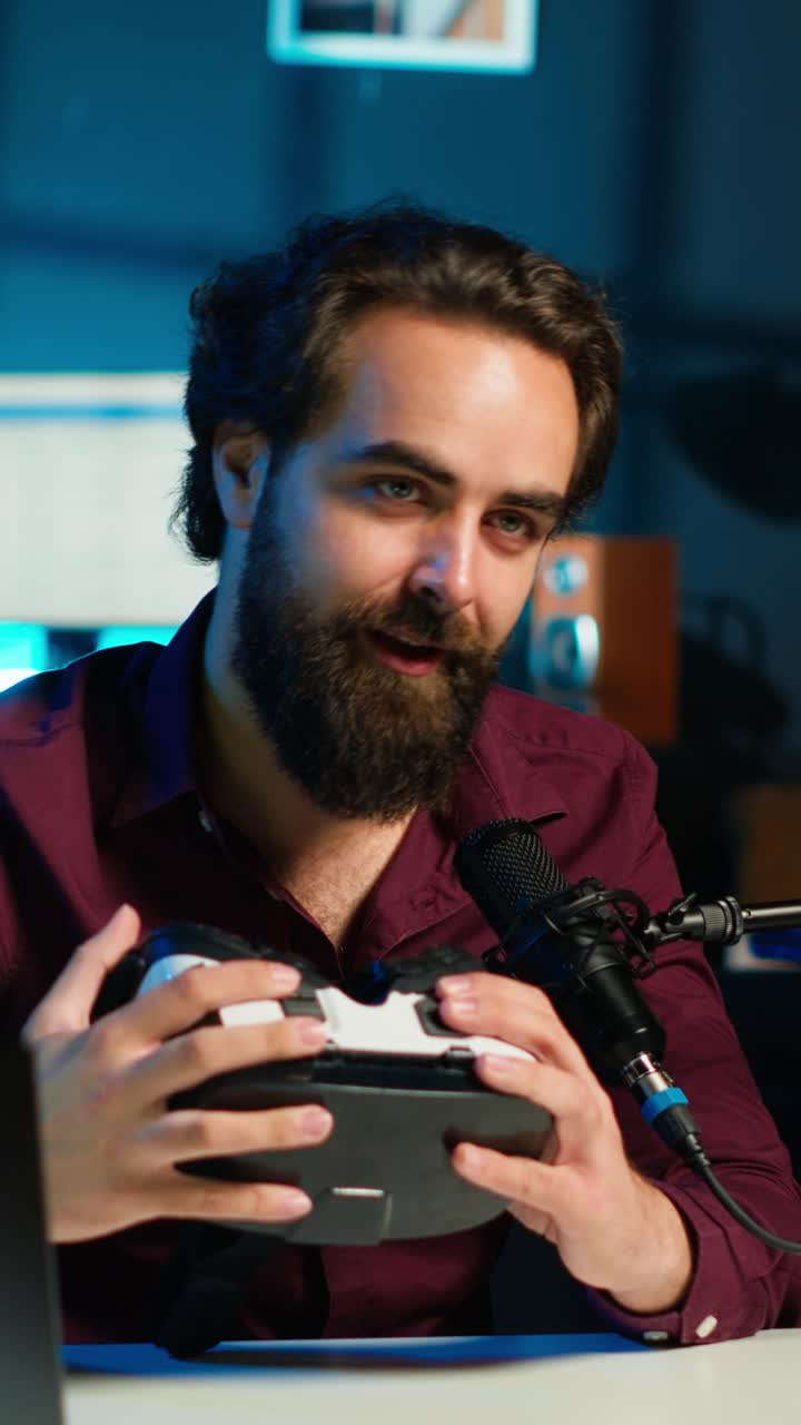 Vertical video Tech vlogger reviewing VR goggles in neon lit studio
