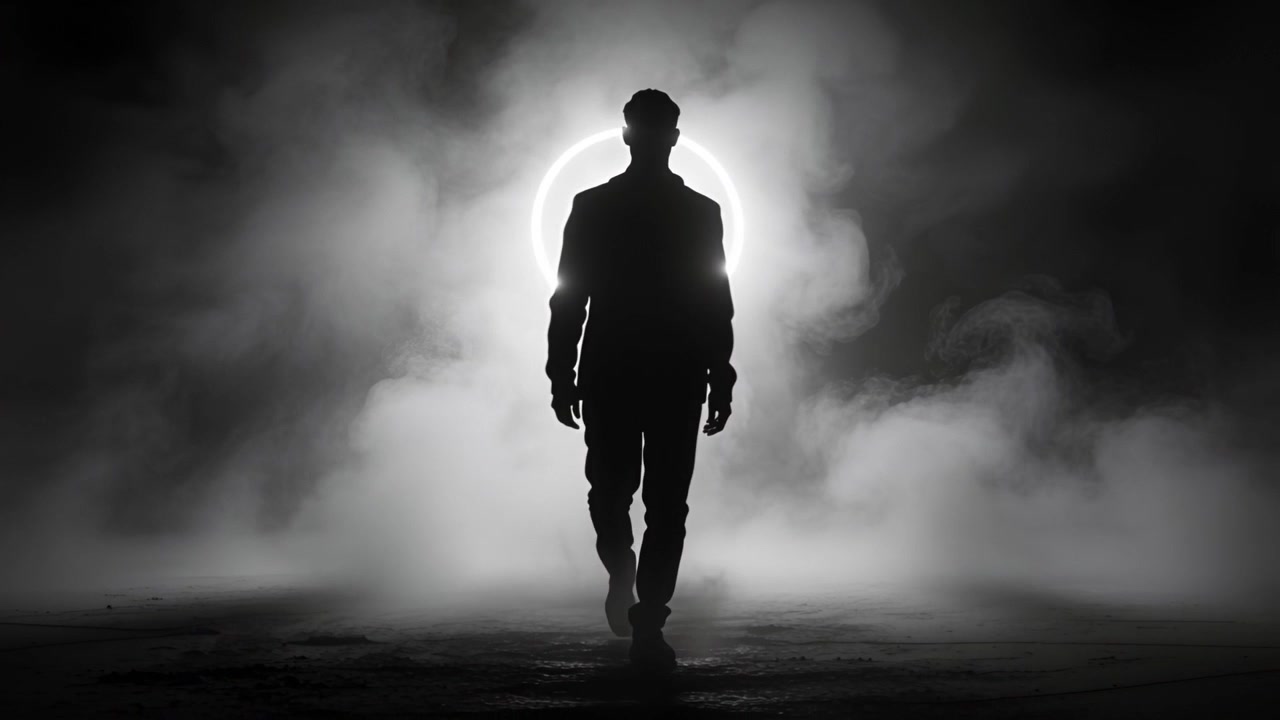 Um homem solitário caminhando, vindo de longe, usando casaco, aproximando-se de um cenário escuro e plano, com névoa e halo de luz de fundo.