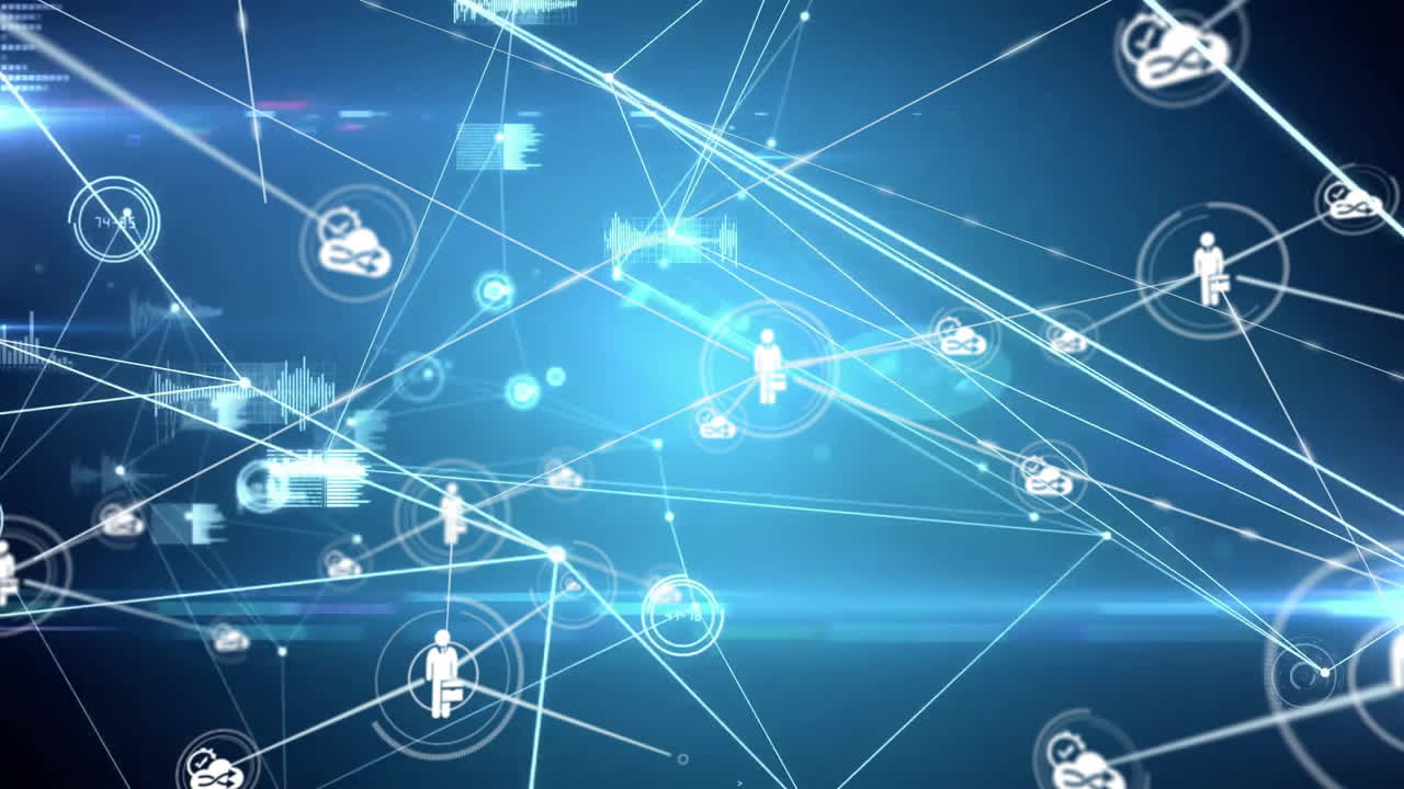 animación de la red de conexiones y procesamiento de datos sobre fondo azul