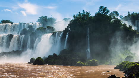 Timelapse-of-Waterfalls-of-Iguazu,-view-from-the-bottom,-around-a-big-green-area,-in-a-sunny-day,-Foz-do-Iguacu,-Parana,-Brazil