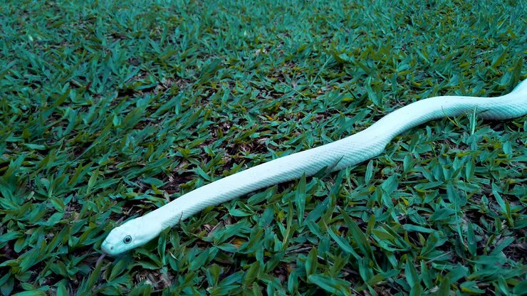Close up on leucistic snake in the garden