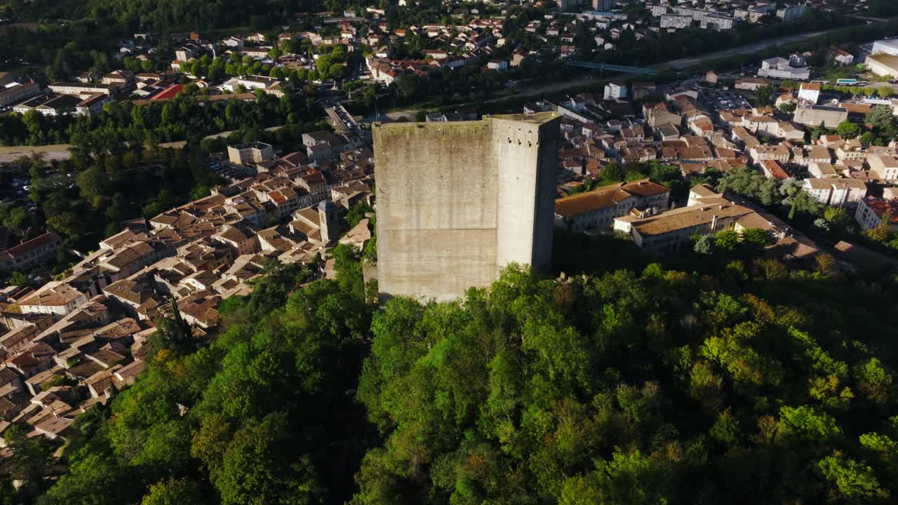 Aerial during sunshine day of the tower of Crest, a town in the Dr&ocirc;me, region of Auvergne-Rh&ocirc;ne-Alpes, France