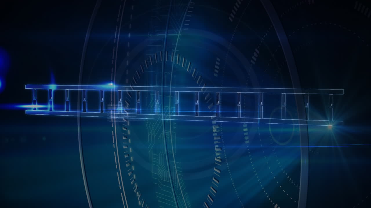 Animation of data processing and dna strand on blue background