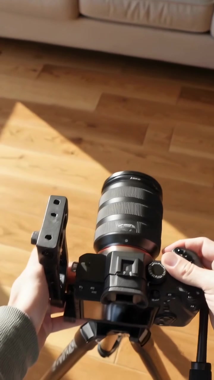 Vertical video: Holding tripod head gray-sleeved hands unfolding securing camera for shot on floor