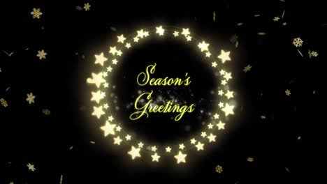 Animation-of-seasons-greetings-text-with-star-christmas-lights-and-snowflakes-on-black-background