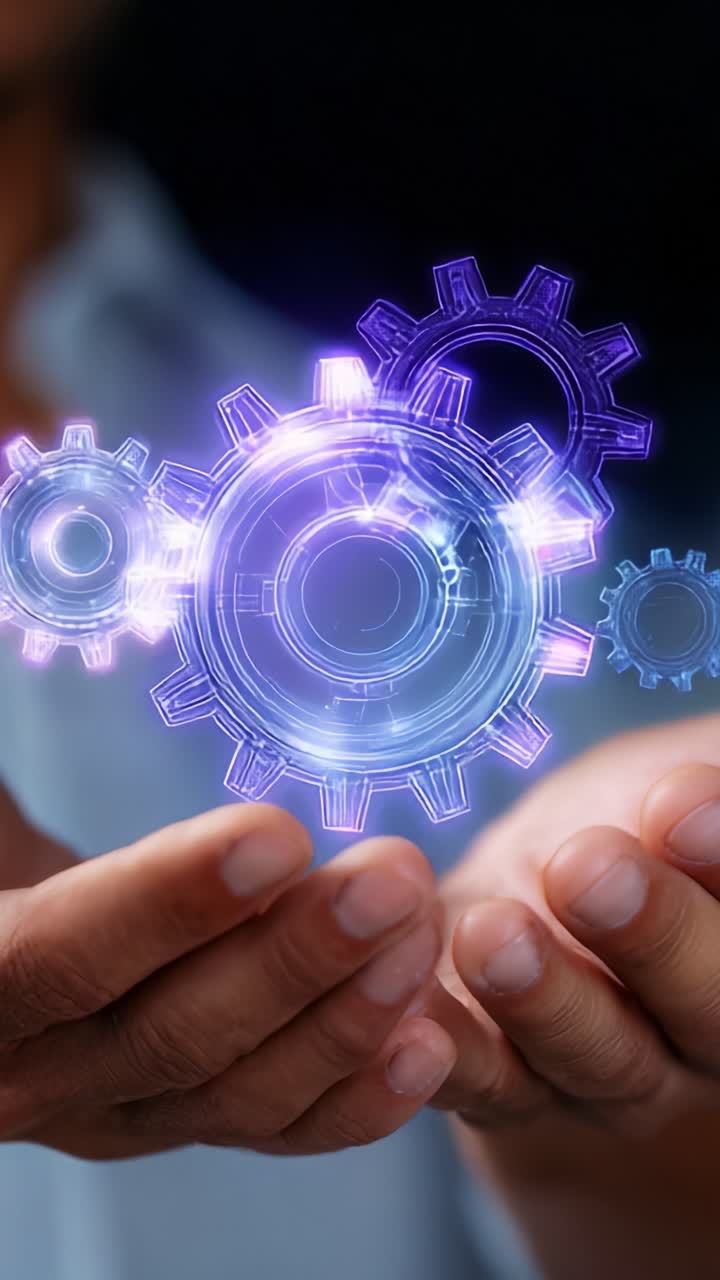 Illustration of Futuristic Gears in Hands, Showcasing Technology and Innovation with Visuals of Digital Mechanisms and Engineering Concepts in a Modern Context