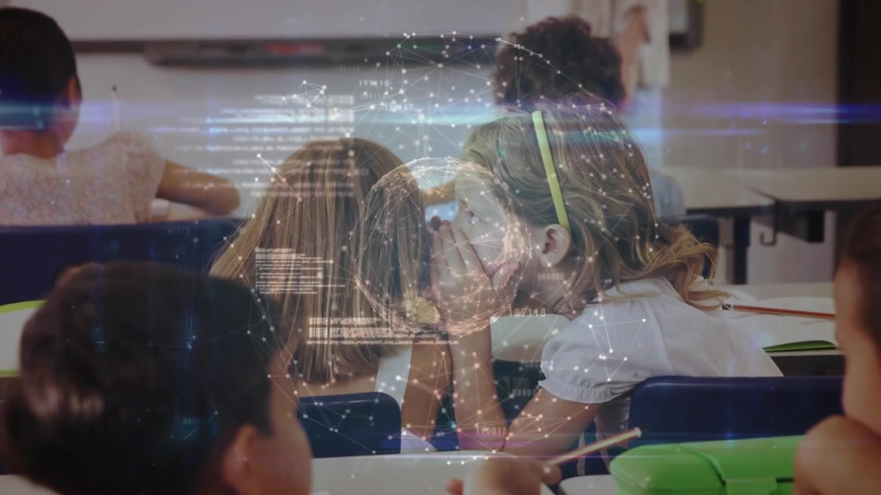 Girl with headband reacting to holo globe appearing, covering face as data lines sweeping classroom