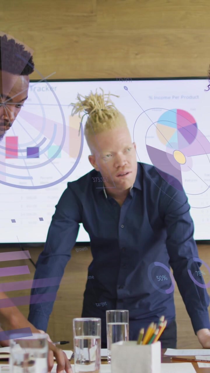 Animation of data processing over diverse business people in office