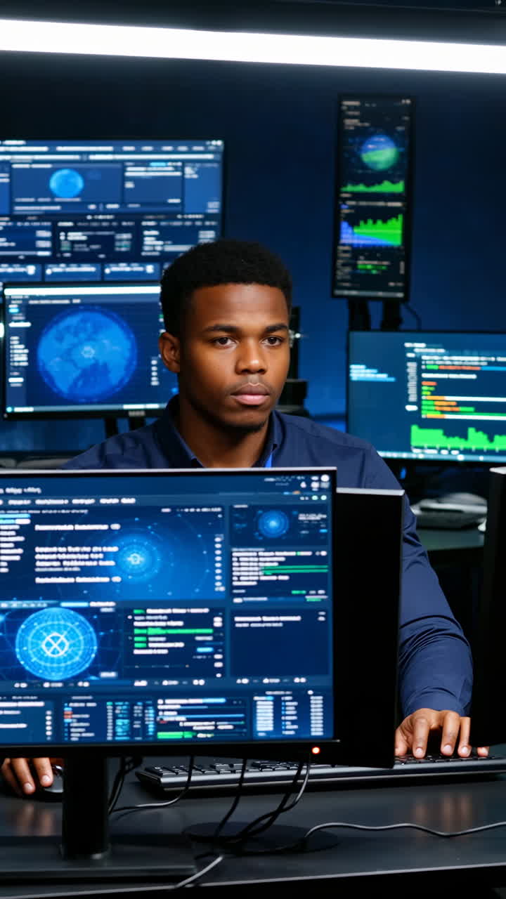 Young IT Professional Working in a Data Center with Multiple Monitors
