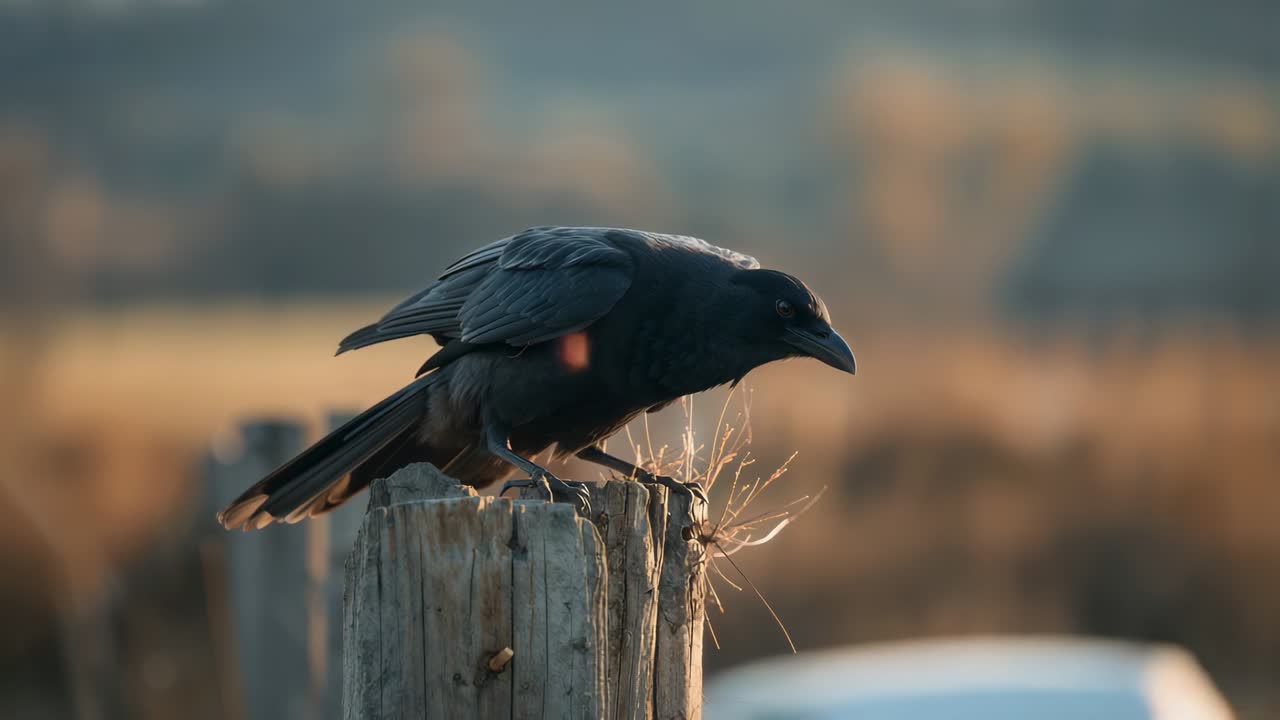 Shifting solitary crow scanning rural grassland for movement, perching on weathered post with tufts