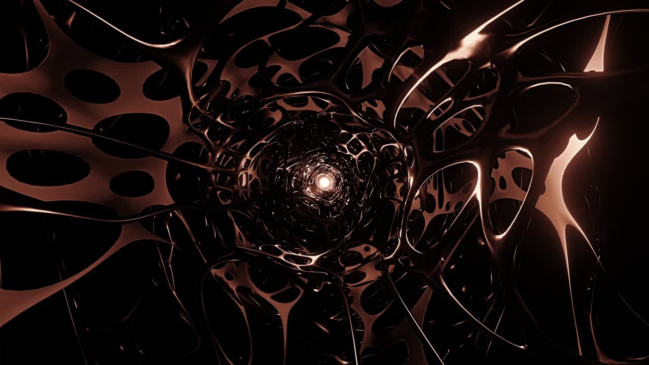 Abstract Science Fiction Portal Futuristic Endless Alien Cave Copper Metallic Tunnel. 4K 3D Seamless Loop flying into Web Corridor Worm Hole Motion Background Animation. VJ DJ Loop. Energy tunnel.