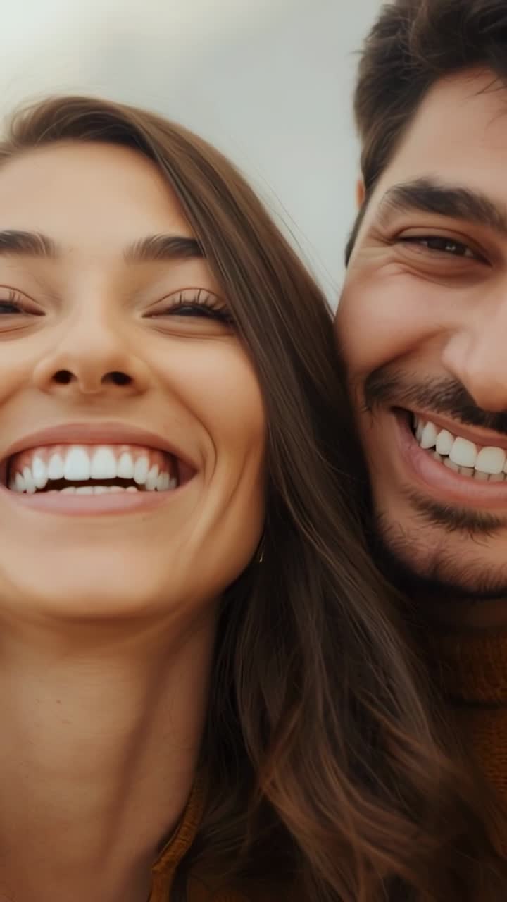 Vídeo vertical: pareja sonriente inclinándose después de hacerse un selfi con el teléfono a contraluz, con un jersey color mostaza