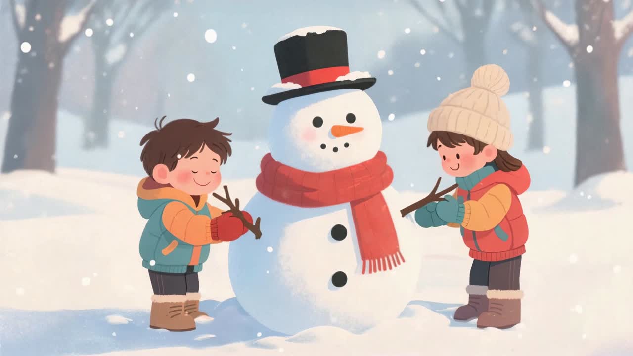 Snowman being decorated by children