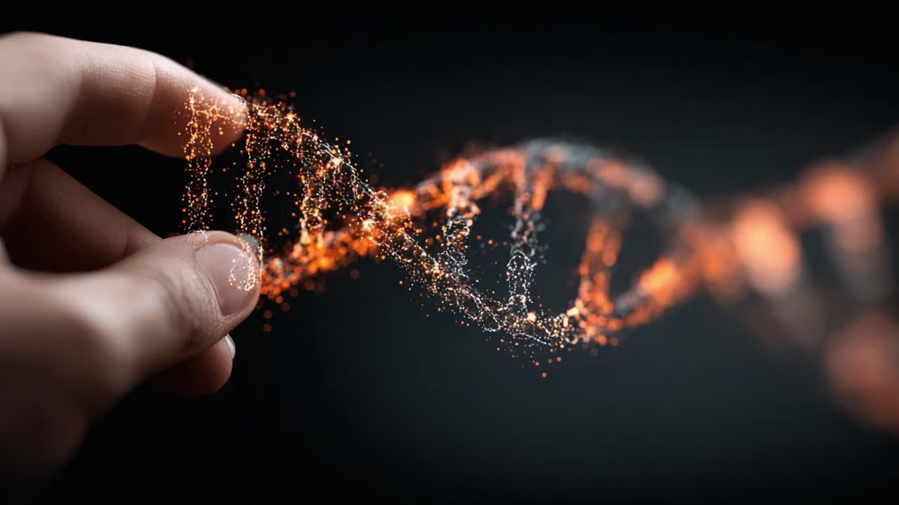 Exploring the Intricacies of DNA: A Hand Navigates the Shimmering Helix of Genetic Material, Representing the Essence of Life Through Science and Discovery