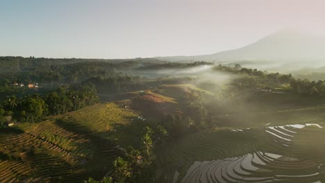 Early morning drone footage captures Belimbing Rice Terrace with shimmering paddies reflecting golden sunlight, while gentle mist drifts across a majestic mountain backdrop in Bali