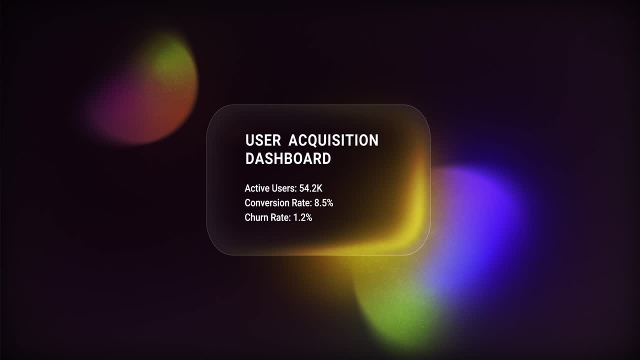 Glass panel rising on a dark background with colorful glowing light featuring targeting sync status and user acquisition data