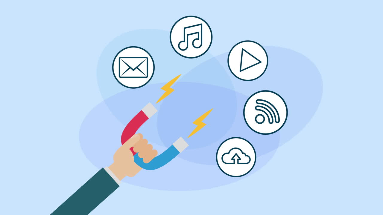 mão com ímã e animação de marketing de mídia social