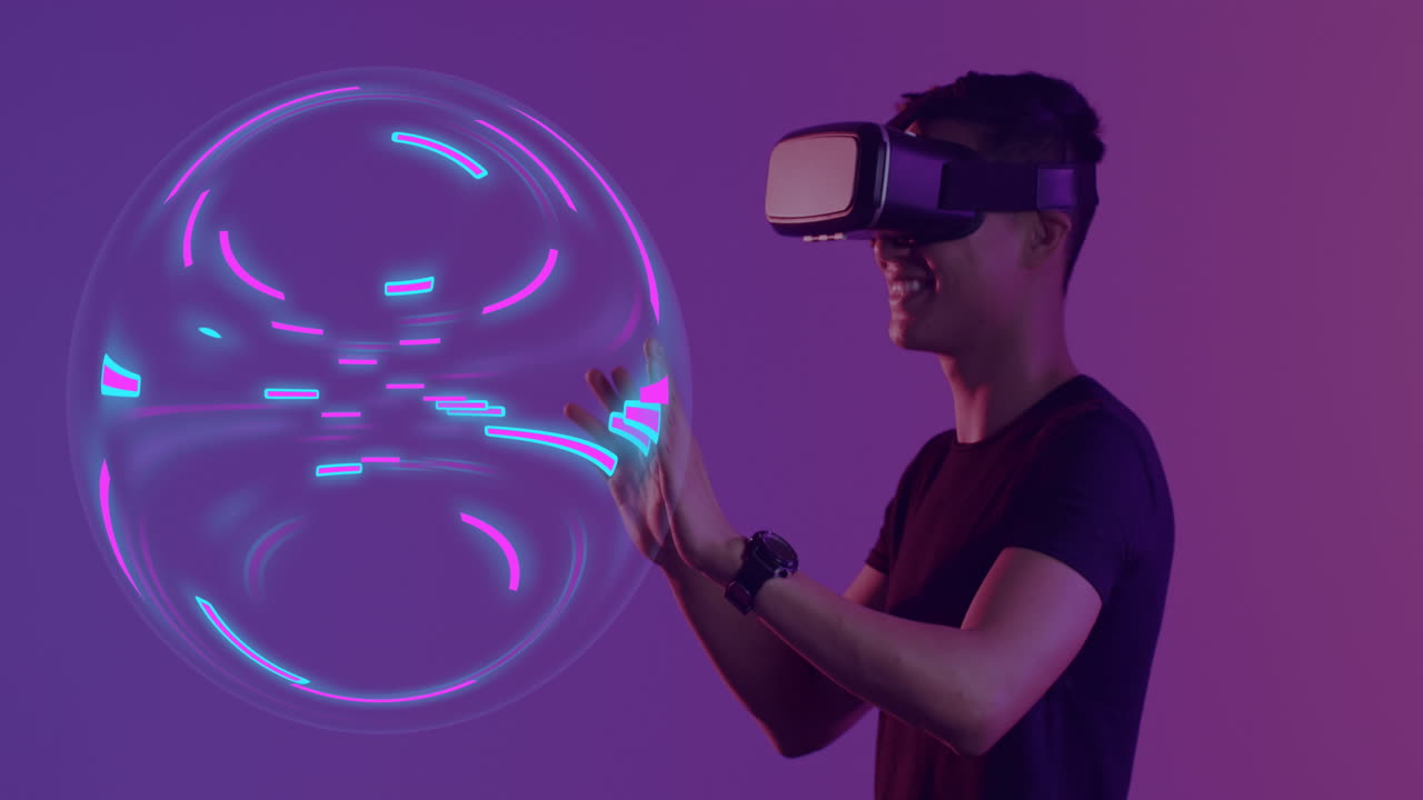 Animation of glowing light trails of data transfer and asian man in vr headset