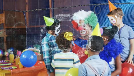 Animation-of-digital-brain-over-diverse-children-and-clown-at-birthday-party