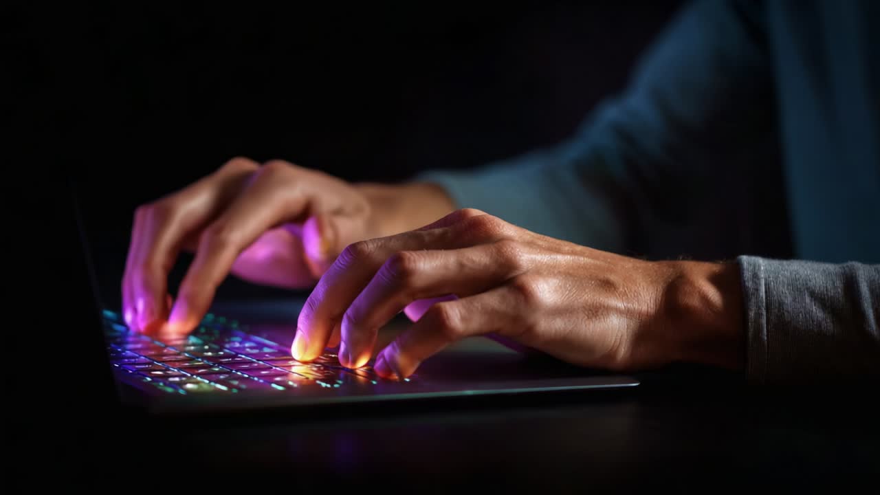 A captivating scene illustrating a person engaged in focused keyboard activity, showcasing illuminated keys in a dark environment, emphasizing the intricate interplay of light and technology during nocturnal work