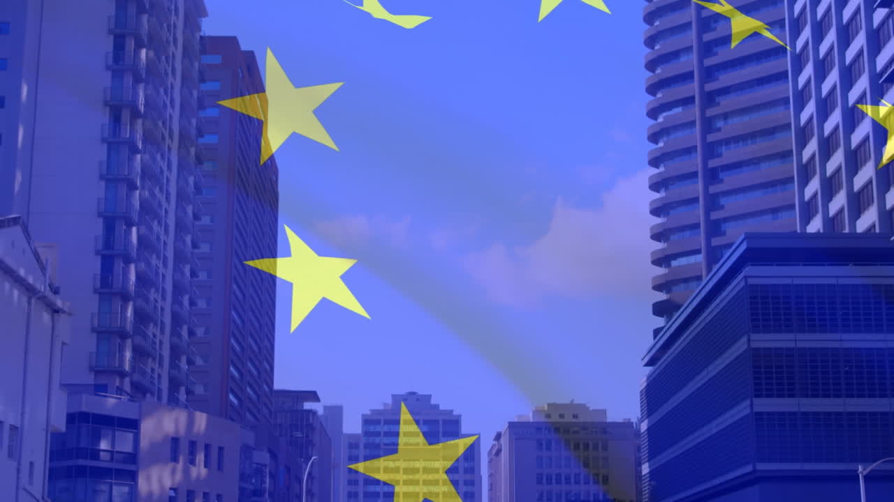 현대 도시 풍경 에 있는 고층 건물 위 에 있는 유럽 연합 의  ⁇ 발 의 애니메이션
