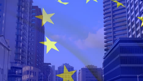 animation of flag of european union over high rise buildings in modern cityscape