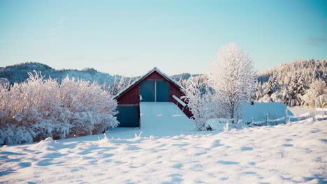 Dense-Ice-Snow-Covered-Landscape-Wooden-Structure-And-Forest-After-Heavy-Snow