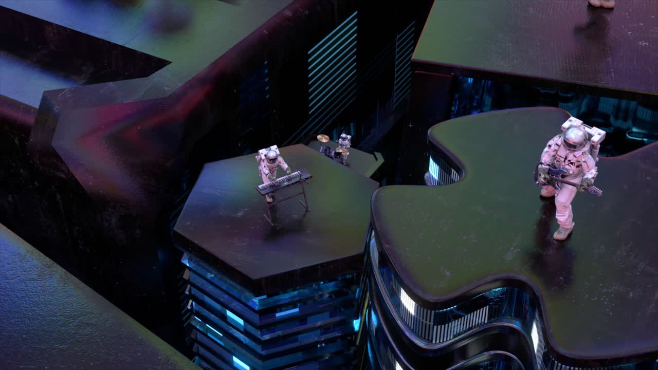 astronautas tocando música en un paisaje urbano futurista