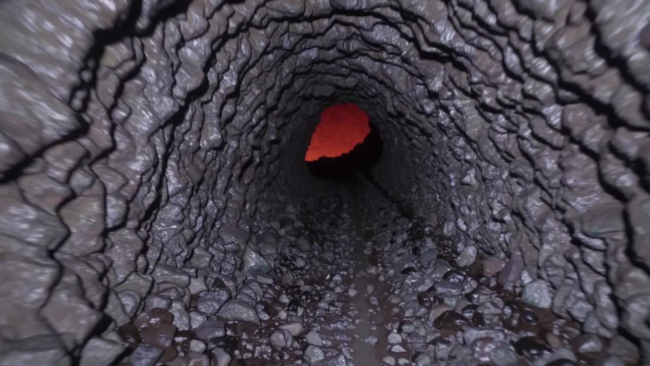 Tunnel view showcasing the gradual transition from dark rocky textures to a vibrant orange glow, illustrating the journey through a captivating underground passage