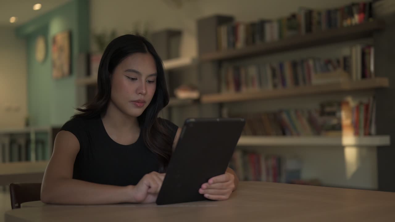 Thoughtful young beautiful Asian Thai woman in library using digital tablet computer while thinking