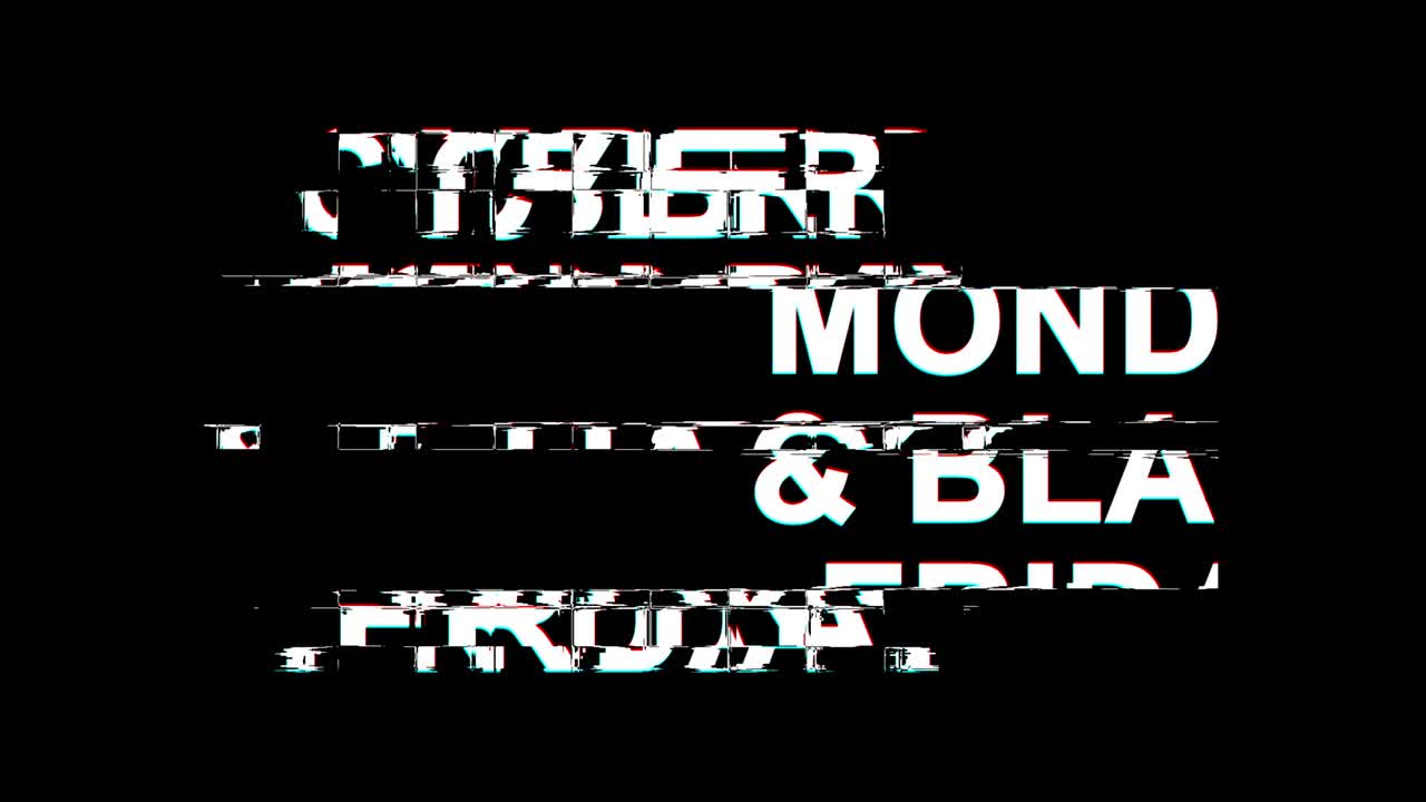 el lunes cibernético y el viernes negro efecto glitch texto distorsión de televisión digital animación de bucle 4k