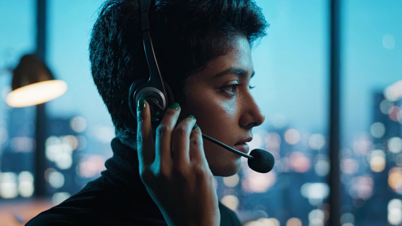 Focused Professional Woman in Headset Engaged in Virtual Communication Amidst Cityscape at Dusk, Emphasizing Modern Work Environment and Connectivity