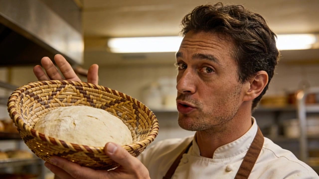 Chef in giacca da chef e grembiule marrone che solleva un cestino per la lievitazione, spiegando la boule in panetteria, con spazio per il testo.