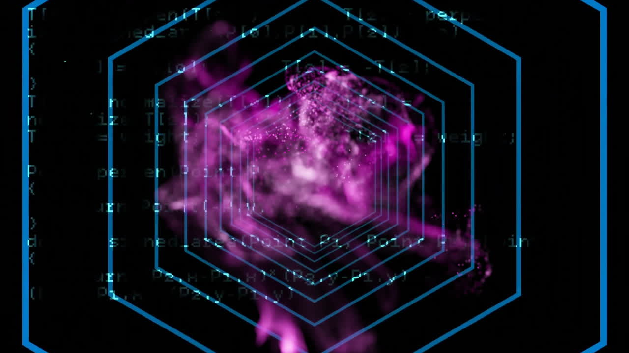 Animation of digital data overlaying hexagonal grid on vibrant purple background