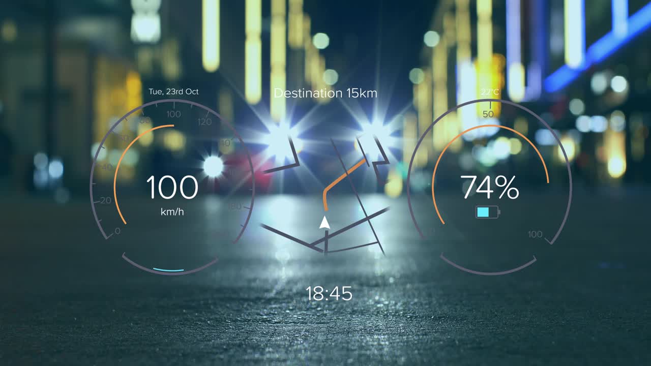 Animazione di elaborazione dati del tachimetro di un'auto elettrica sul paesaggio urbano