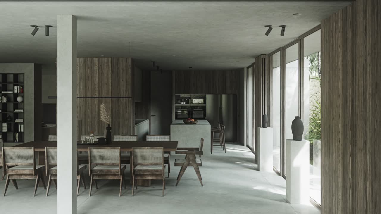 Stanza minimalista con zona pranzo, pareti color cemento e tavolo in legno