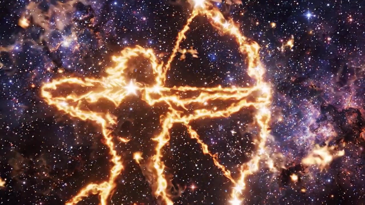 Una spettacolare danza cosmica: fiamme e stelle si intrecciano in uno spettacolo ipnotizzante di bellezza galattica e meraviglia celeste, catturato attraverso due enigmatiche inquadrature.